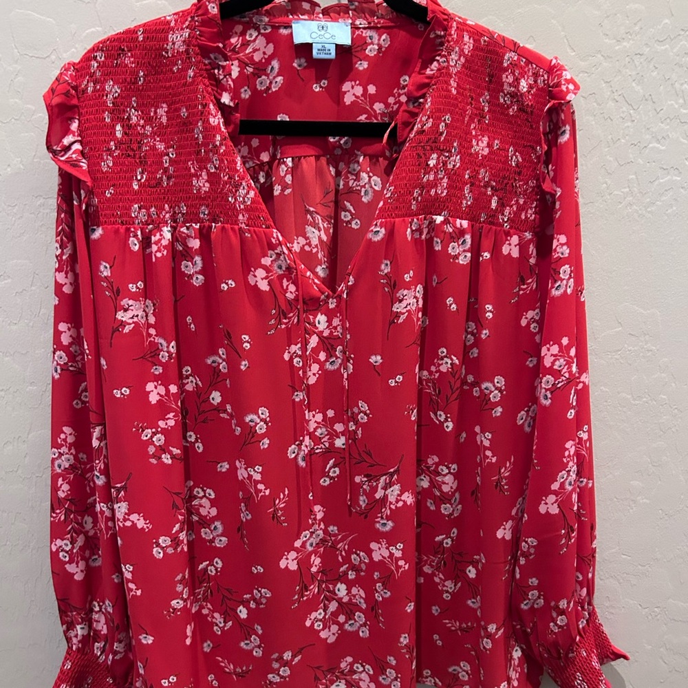 CeCe Red Floral Blouse